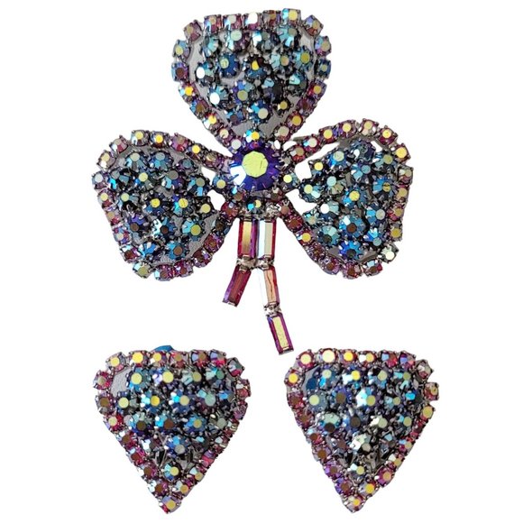 Pink Blue AB Rhinestone Clover Leaf Brooch, Matching Clip-On Earrings E220